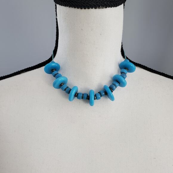 Vintage Turquoise Stringed Glass Bead Disc Necklace - Picture 1 of 6